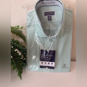 Club Room Mens Regular Fit Dress Shirt Large 17 1/2 Long Sleeve Green Striped